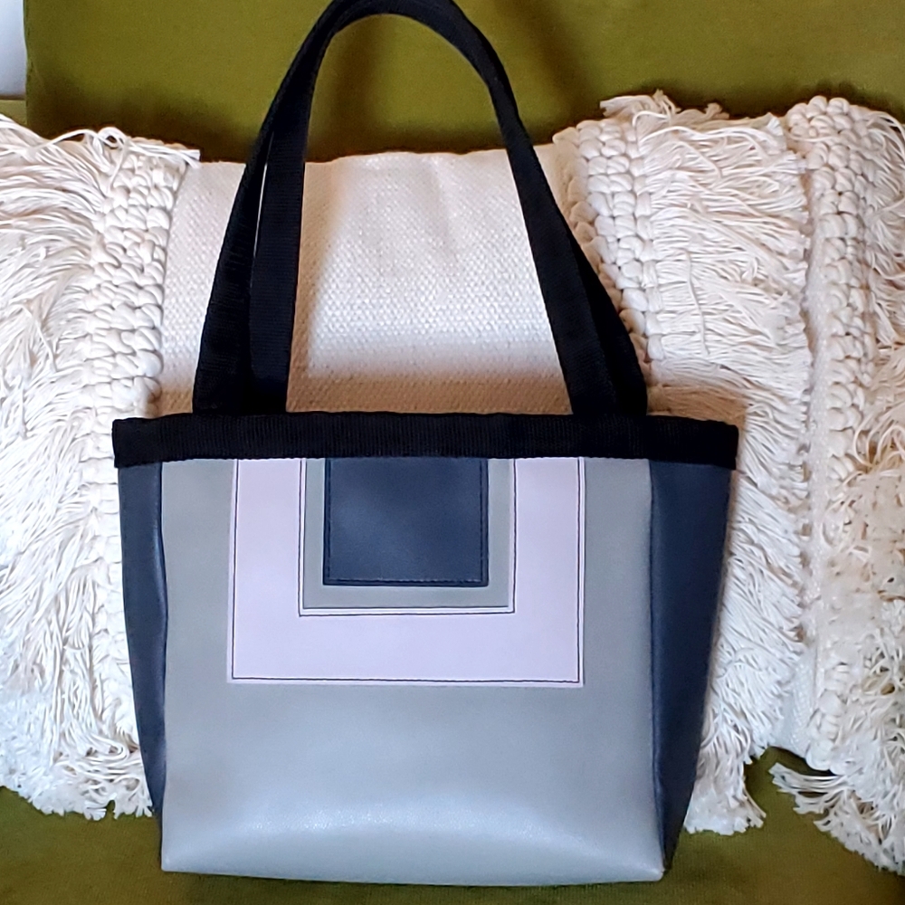 Holly Aiken Vegan Leather Tote Shoulder Bag, Blue/Gray/Lilac/Black, EUC - Picture 3 of 15